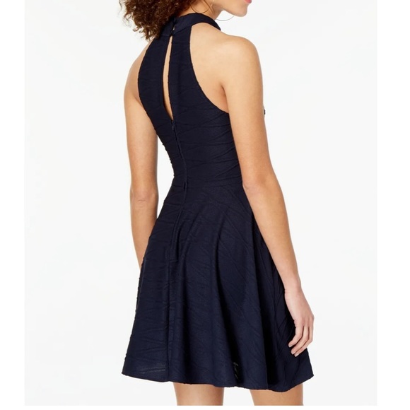 B Darlin Navy Textured Halter Fit & Flare Dress Juniors Size 3/4 Homecoming Prom - Picture 2 of 7